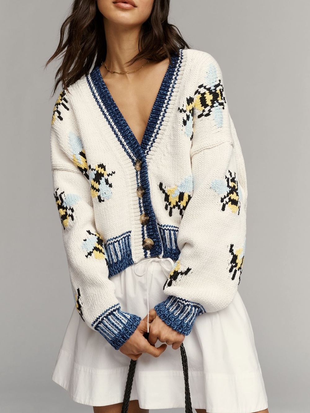 Anthropologie Bee Cardigan Sweater Maeve Icon Chunky New Medium Ivory Bumblebee - Picture 3 of 15